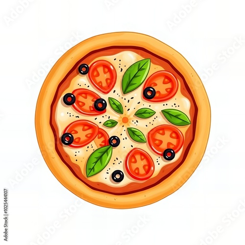 there is a pizza with tomatoes, olives, and basil leaves. photo