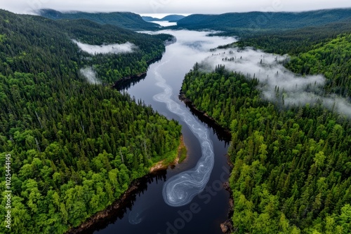 Morning fog drifting over a forested riverbank, with the mist swirling above the water and weaving between the trees, creating a peaceful, reflective scene