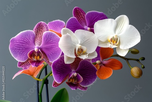 Orchid flowers in full bloom, with intricate petals and bold colors like fuchsia, white, and purple, standing out against a soft gray background photo