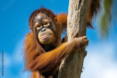 Orangutans climbing a tall tree structure, their long arms swinging gracefully as they navigate the complex enclosure, resembling their natural jungle home photo