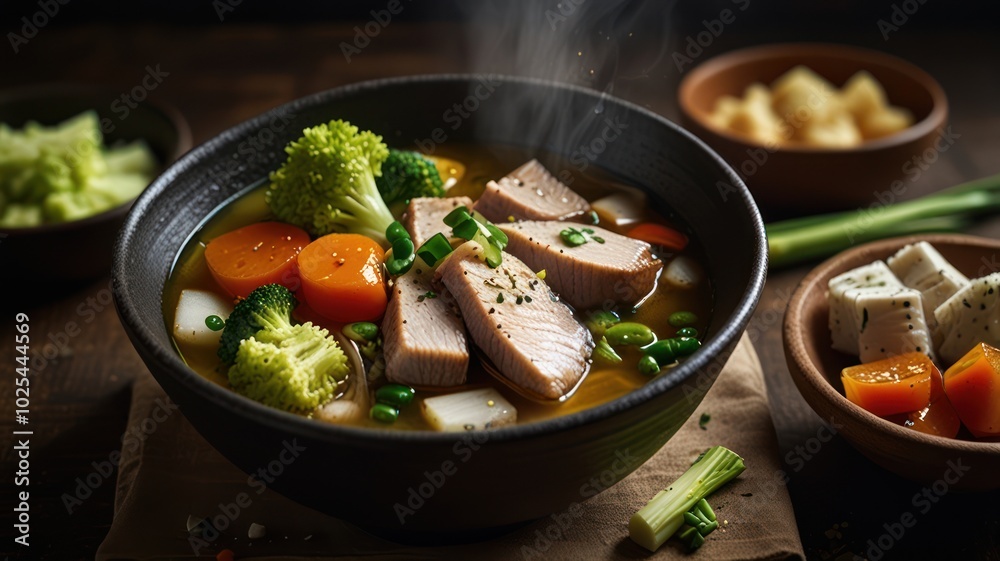 A bowl of steaming hot soup with chunks of fish, broccoli, carrots and other vegetables.