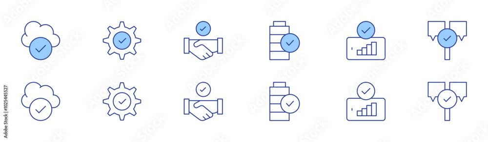 Checkmark icon set in two styles, Duotone and Thin Line style. Editable stroke. cloud computing, check mark, battery, good signal, answer, deal Checkmark icon set in two styles, Duotone and Thin Line style. Editable stroke. cloud computing, check mark, battery, good signal, answer, deal