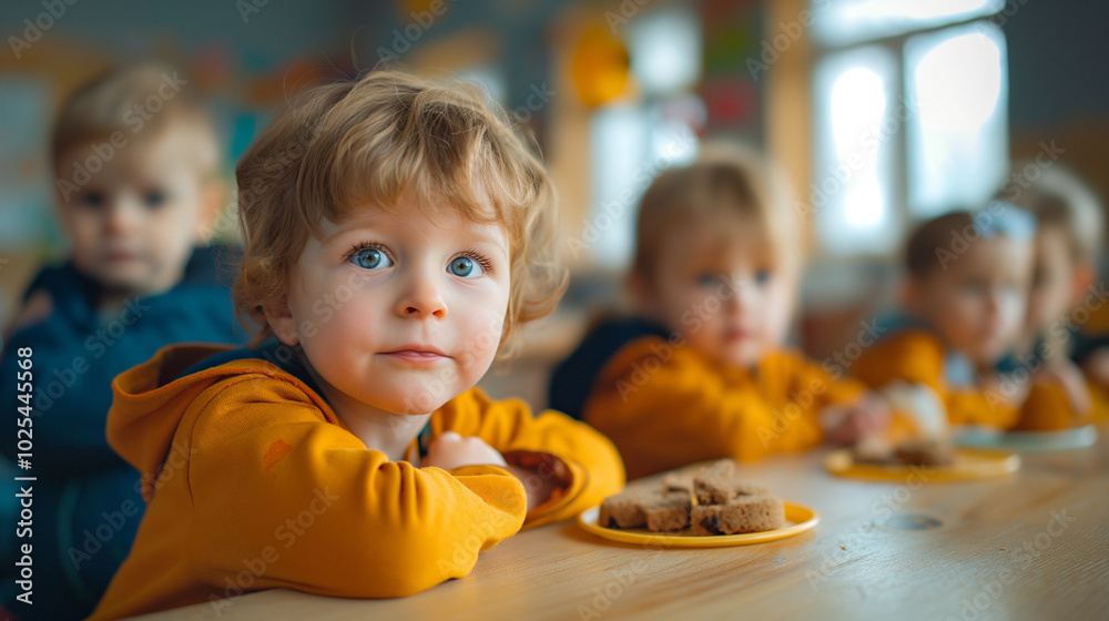 Fototapeta premium Toddlers eating together at preschool mealtime.
