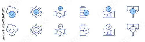 Checkmark icon set in two styles, Duotone and Thin Line style. Editable stroke. cloud computing, check mark, battery, good signal, answer, deal