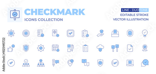 Checkmark icons collection. Line Duotone style, editable stroke. vote, checkmark, staff, teamwork, easy installation, agree, reminder, verification, best practice, yes