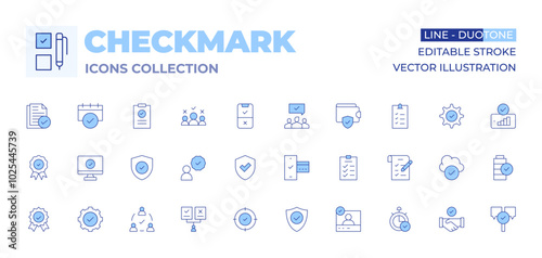 Checkmark icons collection. Line Duotone style, editable stroke. trust, online payment, shield, accuracy, choose, guarantee, team, check, check mark, badge, validation