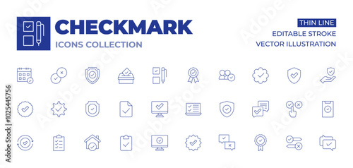 Checkmark icons collection. Thin Line icons, editable stroke. check, shield, verified, testing, badge, tick, protection, check mark, instagram verified, survey, house, audit, checklist