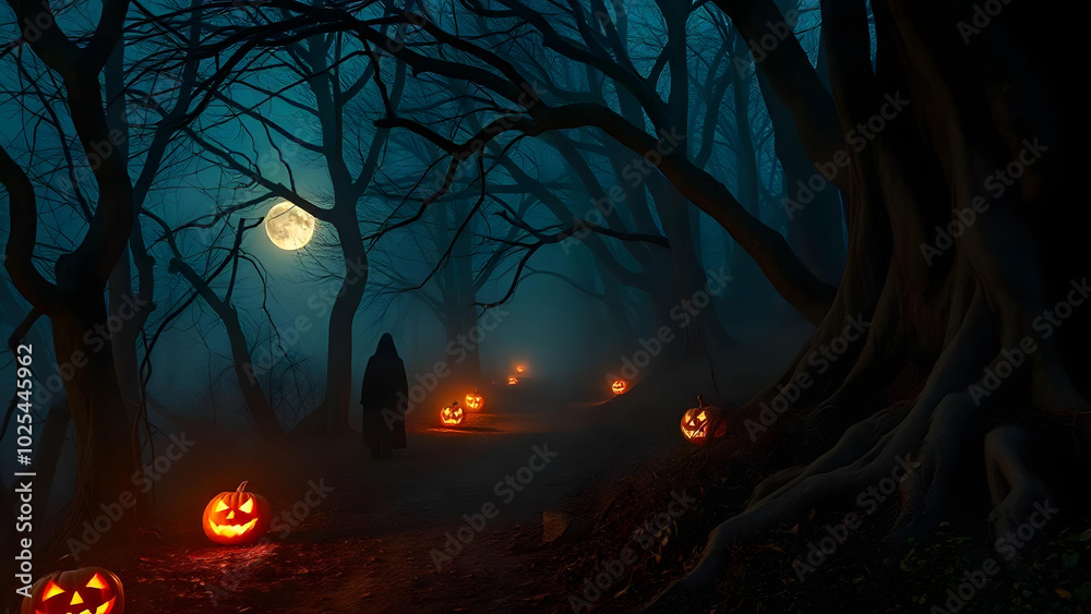Eerie Halloween Background with Moonlit Forest Path and Jack-o'-Lanterns Eerie Halloween Background with Moonlit Forest Path and Jack-o'-Lanterns
