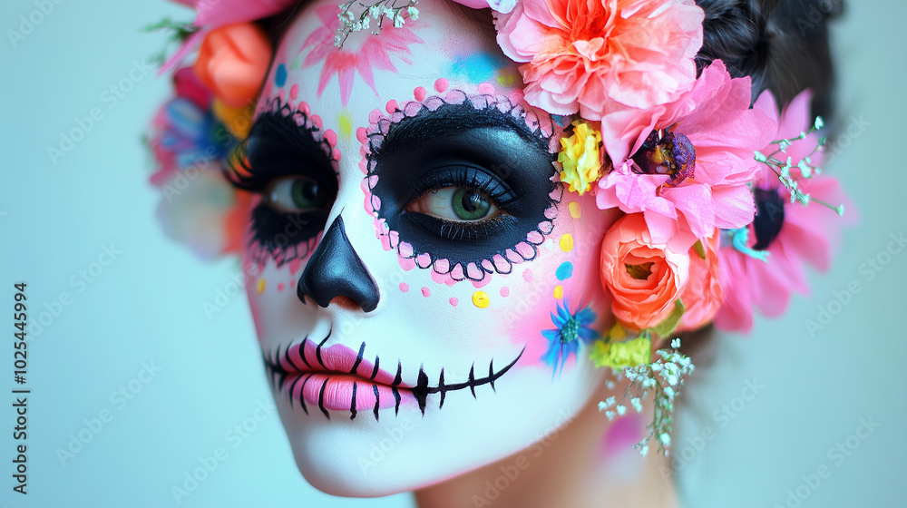 Day of the Dead Sugar Skull Makeup Enhanced by Bright Floral Decorations Day of the Dead Sugar Skull Makeup Enhanced by Bright Floral Decorations