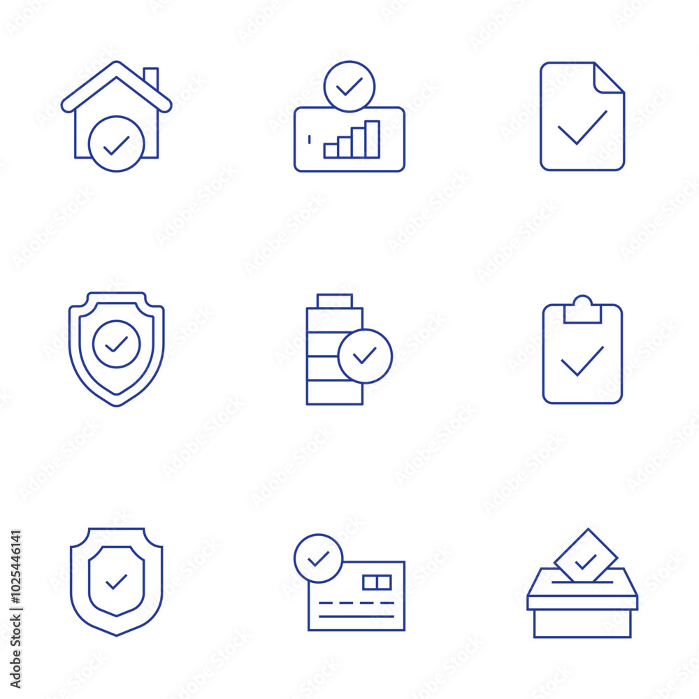 Checkmark icons set. Thin Line style, editable stroke. protection, check mark, house, shield, audit, voting box, battery, good signal, credit card Checkmark icons set. Thin Line style, editable stroke. protection, check mark, house, shield, audit, voting box, battery, good signal, credit card