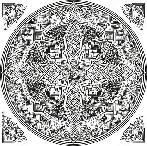 Isra Miraj Illustration line art with prayer mat, Kaaba in Mecca, giving sadaqah, Open Quran, Dates in a bowl