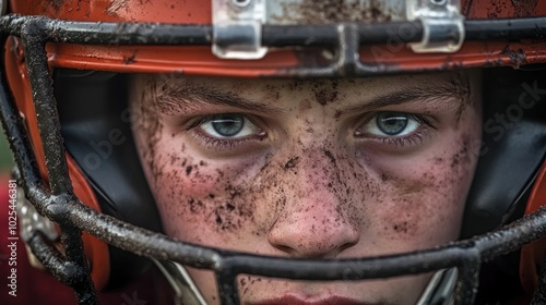 A young football player looks intensely at the camera with dirt and mud covering his face and helmet.