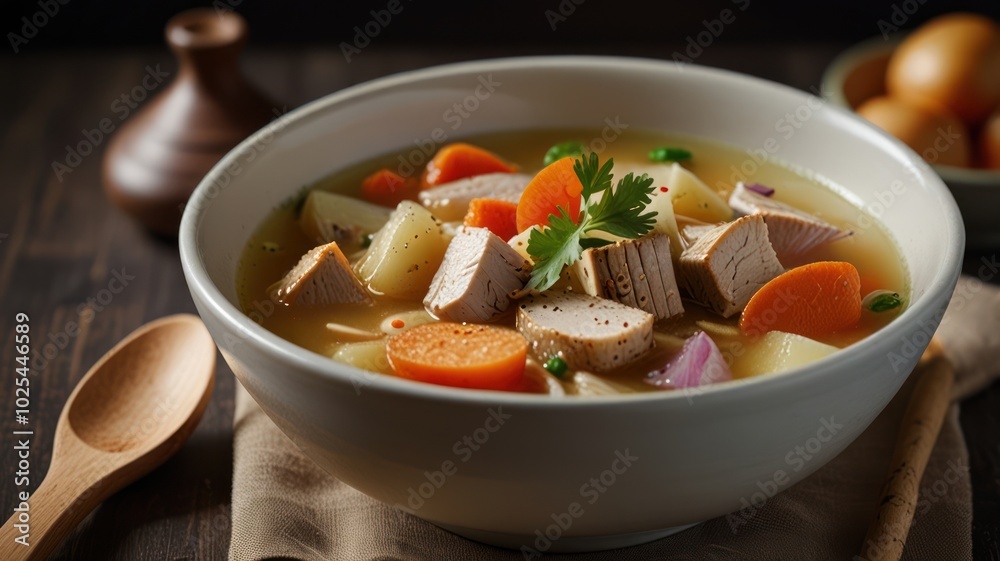 A bowl of hearty chicken noodle soup with carrots, potatoes, onions, and herbs on a rustic wooden table. A bowl of hearty chicken noodle soup with carrots, potatoes, onions, and herbs on a rustic wooden table.