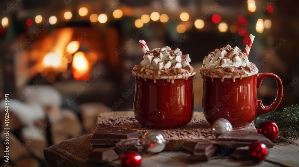 Steaming indulgence, two red mugs overflowing with whipped creamtopped hot chocolate Steaming indulgence, two red mugs overflowing with whipped creamtopped hot chocolate