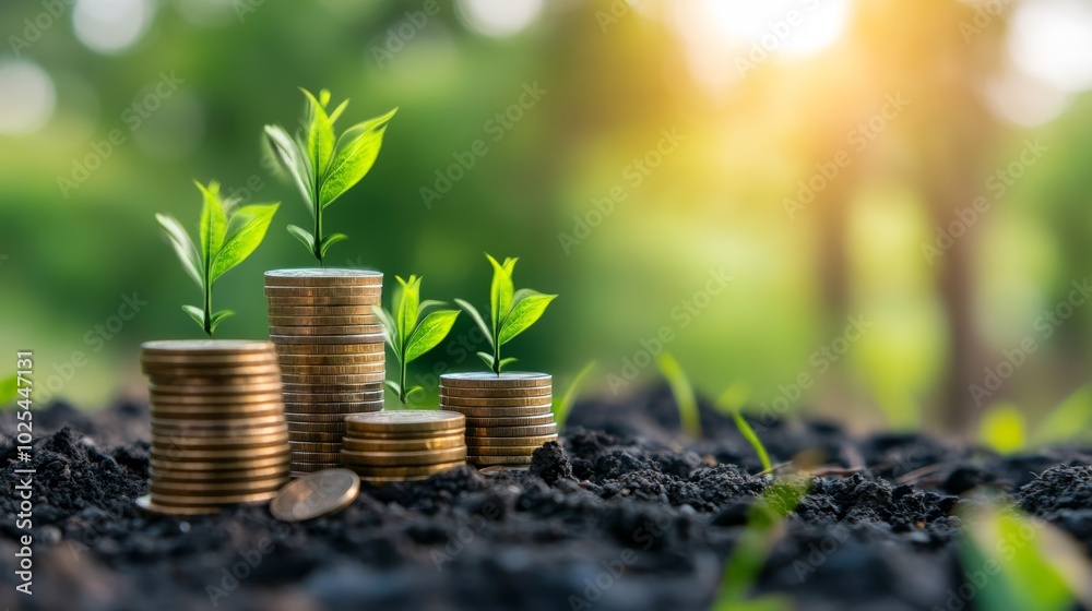 Financial growth symbolized by green sprouts emerging from soil with coins green Financial growth symbolized by green sprouts emerging from soil with coins green