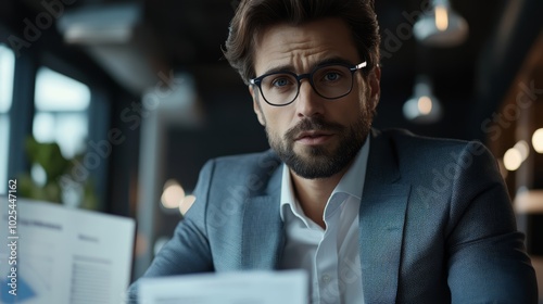 Man with glasses focused on reviewing papers, a depiction of concentration and attention to detail