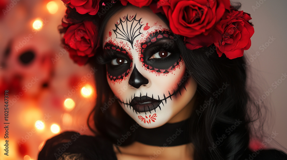 Detailed Sugar Skull Makeup and Rose Crown on Woman Celebrating D?a de los Muertos Detailed Sugar Skull Makeup and Rose Crown on Woman Celebrating D?a de los Muertos