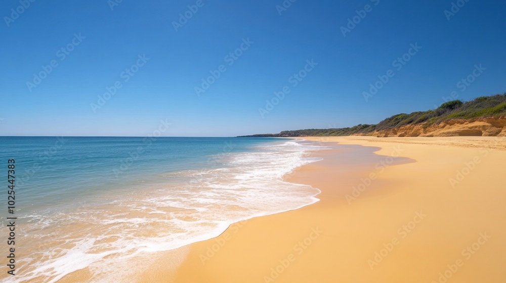 Obraz premium A beautiful, serene beach with clear blue water, white sand, and a bright blue sky.