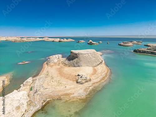 Aerial view of the Water Yadan Geological park, located in the Qaidam Basin, Qinghai, China photo