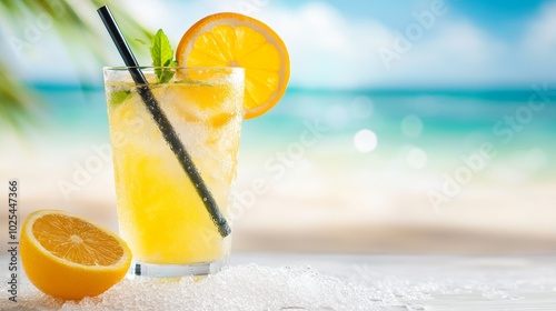 A refreshing glass of orange juice with straw and orange slice on rustic background