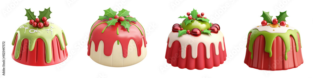Colorful dessert jellies with festive garnishes on a white isolate background. Colorful dessert jellies with festive garnishes on a white isolate background.