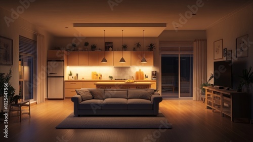 Wallpaper Mural A modern, open-concept living room and kitchen with a gray couch, wood floors, and a large window with a view of the outside. Torontodigital.ca