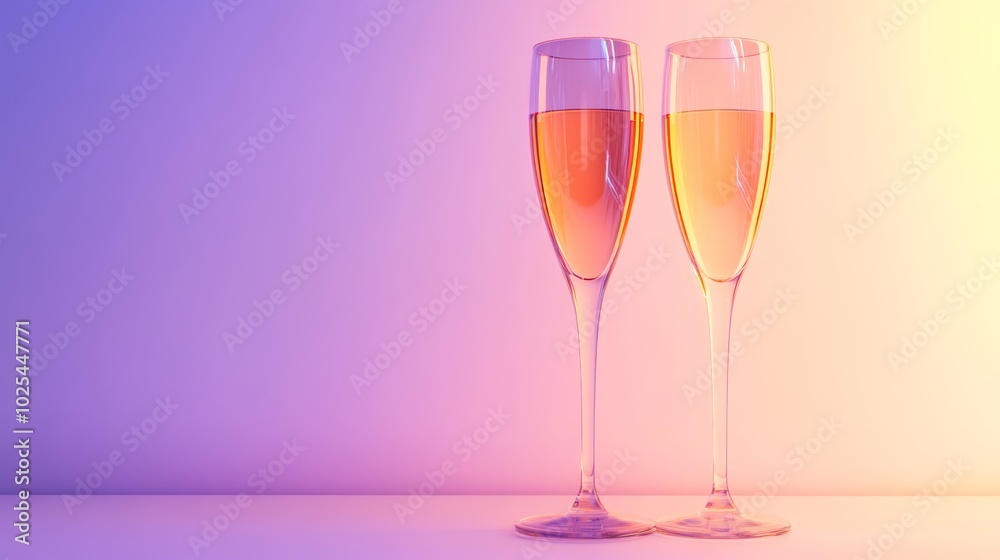 Elegant celebration, two champagne flutes filled with sparkling wine on a table Elegant celebration, two champagne flutes filled with sparkling wine on a table