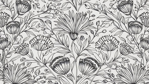 Wallpaper Mural Vector Seamless Monochrome Floral Pattern. Hand Drawn Floral Texture, Decorative Flowers, Coloring Book Torontodigital.ca