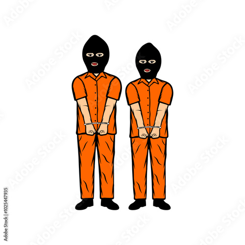 two criminal suspects handcuffed with their faces covered facing forward vector illustration