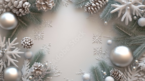 Sparkling silver ornaments adorn frosted fir branches, embracing the magic of the holiday season