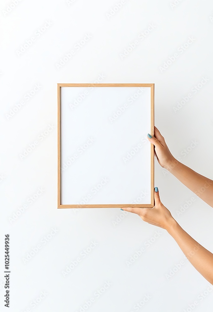 Woman Displaying Empty Photo Frame on White Background. Made with Generative AI Technology Woman Displaying Empty Photo Frame on White Background. Made with Generative AI Technology