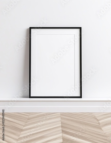 Vertical A4 Wooden Frame on White Wall with Wooden Floor Backgkround. Made with Generative AI Technology