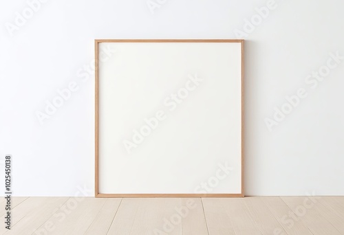 Wooden Frame Mockup on White Wall in Minimalist Interior Displaying Empty Space for Text or Product. Made with Generative AI Technology