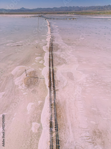 The Salt Lake of Chaka is located in Qinghai province, China. Train rails from above photo