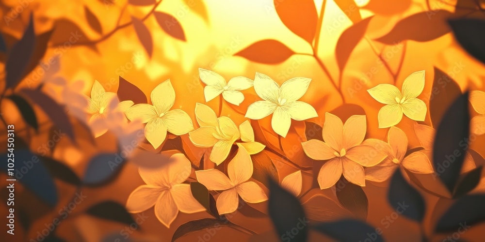 Jasmine flowers illuminated by the warm glow of the evening sun, Jasmine flowers bathed in evening sunlight Jasmine flowers illuminated by the warm glow of the evening sun, Jasmine flowers bathed in evening sunlight