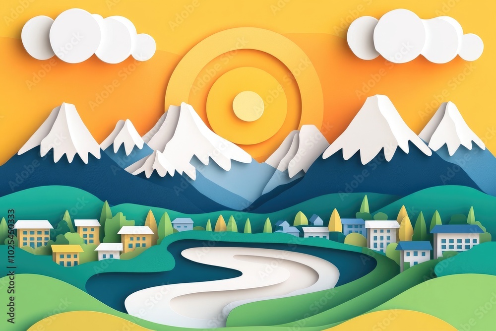 Fototapeta premium Scenic coastline featuring mountains and a residential area, Scenic coastal view with mountains and homes