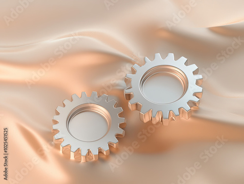 Soft Gradient Background Featuring Two Metallic Gears, Industrial and Modern photo