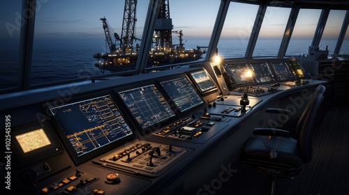 A dimly lit control room of an offshore oil rig, showcasing advanced equipment and screens, with oil rigs visible in the background against a twilight sea.