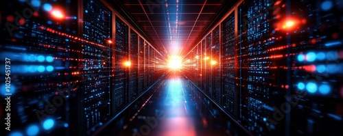 A futuristic data center corridor illuminated by vibrant blue and orange lights, showcasing rows of servers and high-tech infrastructure.