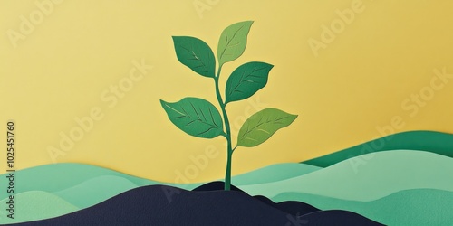 A small plant featuring green leaves with slight tears or cuts, thriving in nutrient-rich soil, Healthy green plant with textured leaves in fertile soil