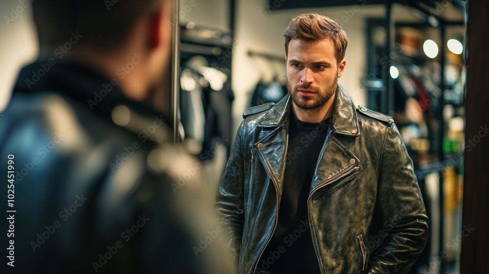 Man Reflecting on His Look While Trying a Leather Jacket Man Reflecting on His Look While Trying a Leather Jacket