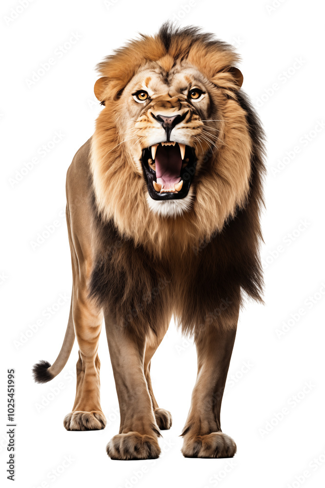 Fototapeta premium Roaring Lion Standing Tall With Mouth Open And Teeth Exposed