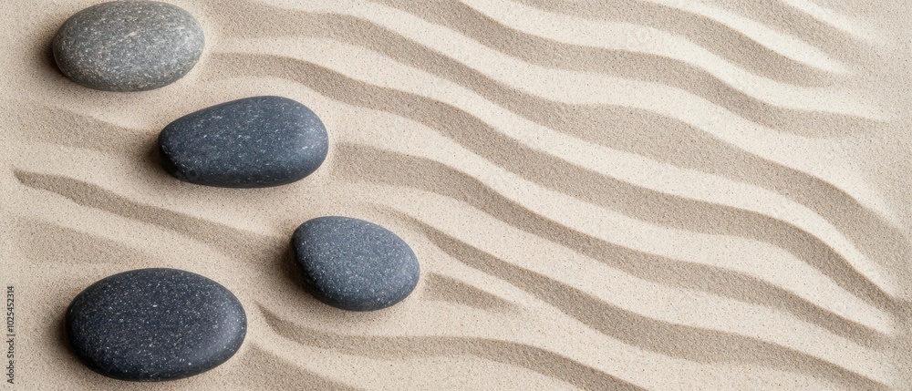 Smooth stone on textured sand in Zen garden, symbolizing balance, calm, and natures flow Smooth stone on textured sand in Zen garden, symbolizing balance, calm, and natures flow