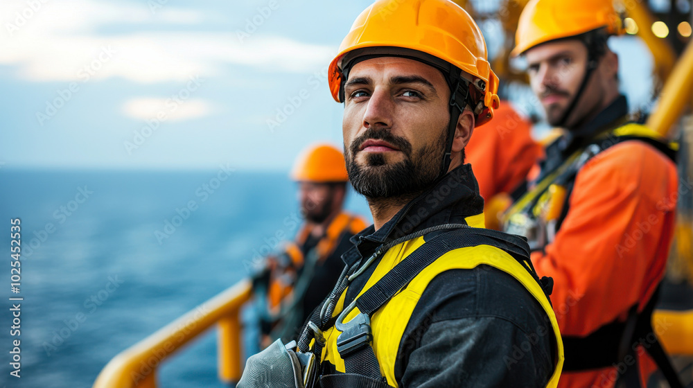 Offshore technician wearing safety gear and helmet, standing on platform with colleagues, overlooking ocean. scene conveys teamwork and safety in marine environment Offshore technician wearing safety gear and helmet, standing on platform with colleagues, overlooking ocean. scene conveys teamwork and safety in marine environment