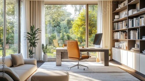 Modern home office with large windows, desk, chair, bookshelf, sofa, and plant.