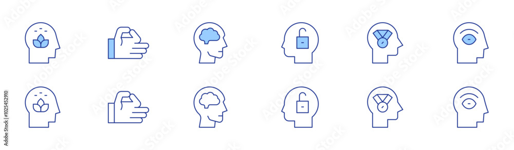 Mindfulness icon set in two styles, Duotone and Thin Line style. Editable stroke. mind, openmind, mindfulness, brain, achievement, eye Mindfulness icon set in two styles, Duotone and Thin Line style. Editable stroke. mind, openmind, mindfulness, brain, achievement, eye