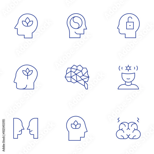 Mindfulness icons set. Thin Line style, editable stroke. mindfulness, mind, growth, bipolar, peaceofmind, openmind, intelligence, psychology, mentaldisorder photo