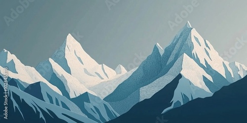 Scenic view of rugged, snow-capped mountains contrasting with a grey winter sky, Rugged snow capped mountains under a grey winter sky