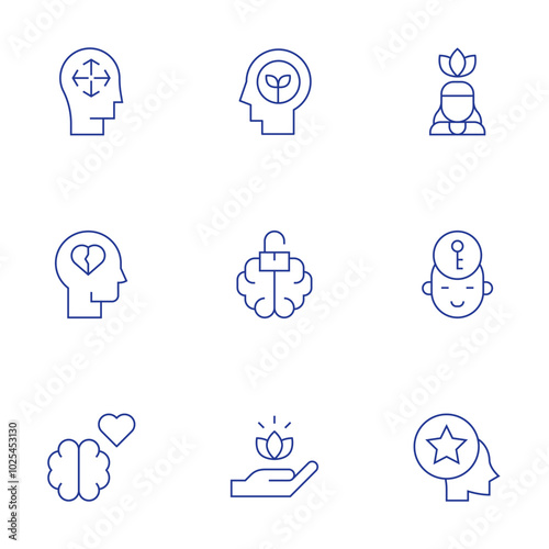 Mindfulness icons set. Thin Line style, editable stroke. think, mindfulness, openminded, openmind, confident, mentalhealth, healthy