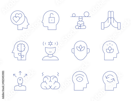 Mindfulness icons. Thin Line style, editable stroke. faithful, mindfulness, mind, extrovert, empathy, eye, openmind, psychology, mentaldisorder